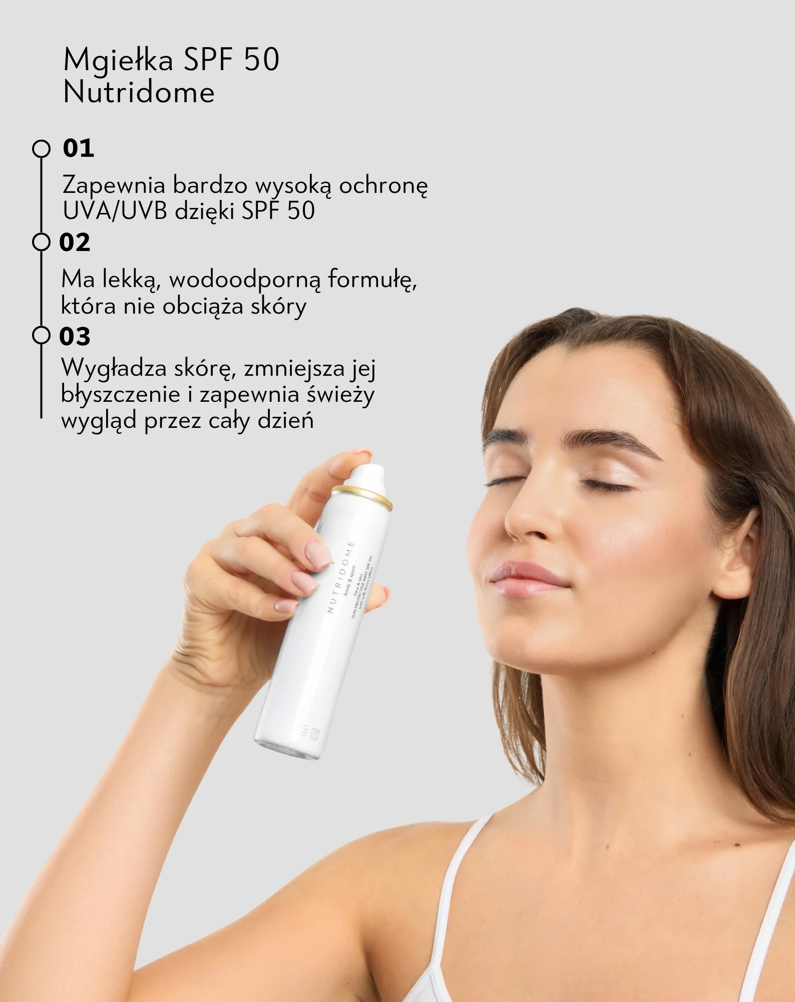 Lekka mgiełka ochronna do twarzy SPF 50 ochrona UVB, UVA w sprayu Nutridome - Image 2