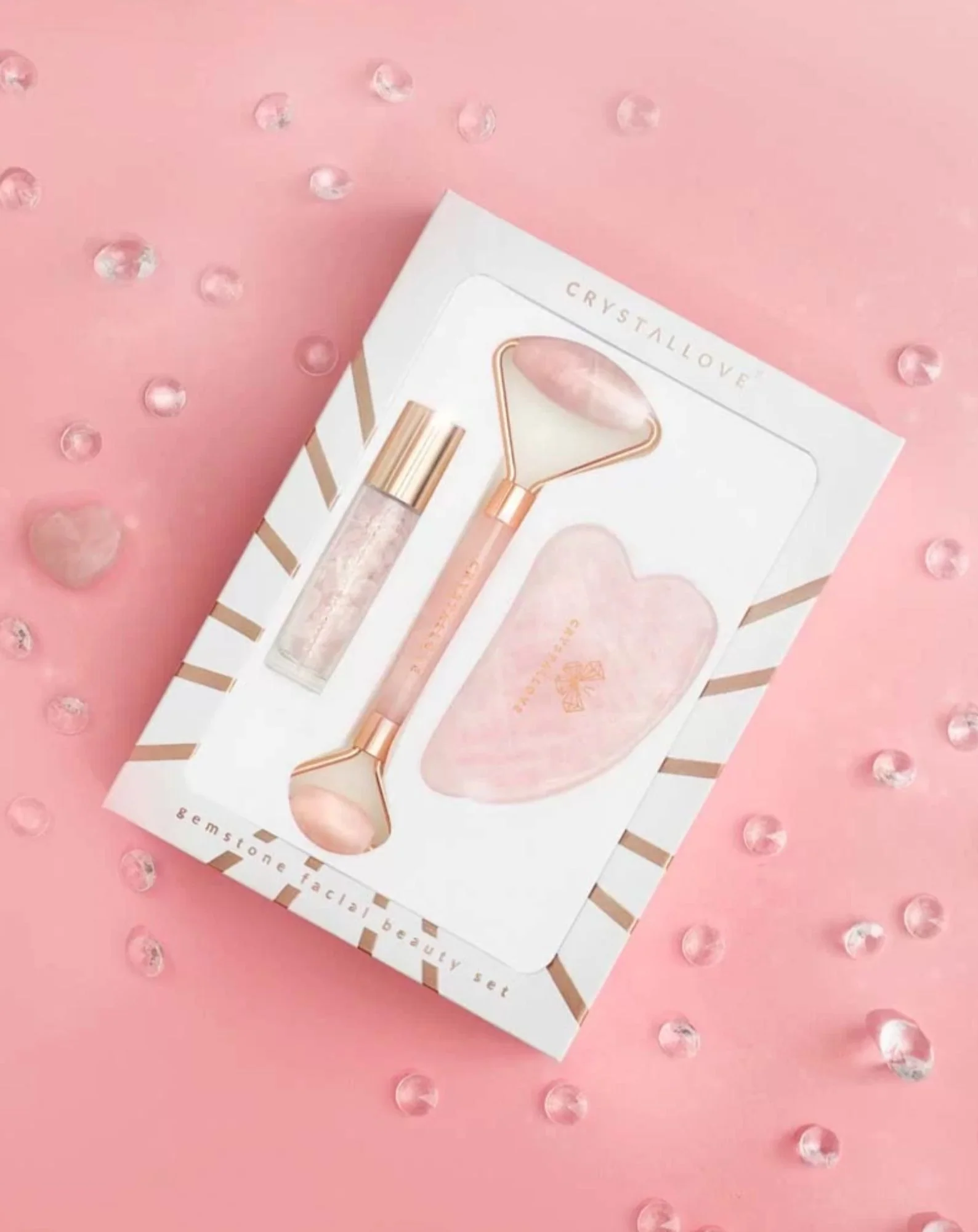 Roller do twarzy + płytka gua sha + buteleczka roll-on Rose quartz beauty set Crystallove - Image 2