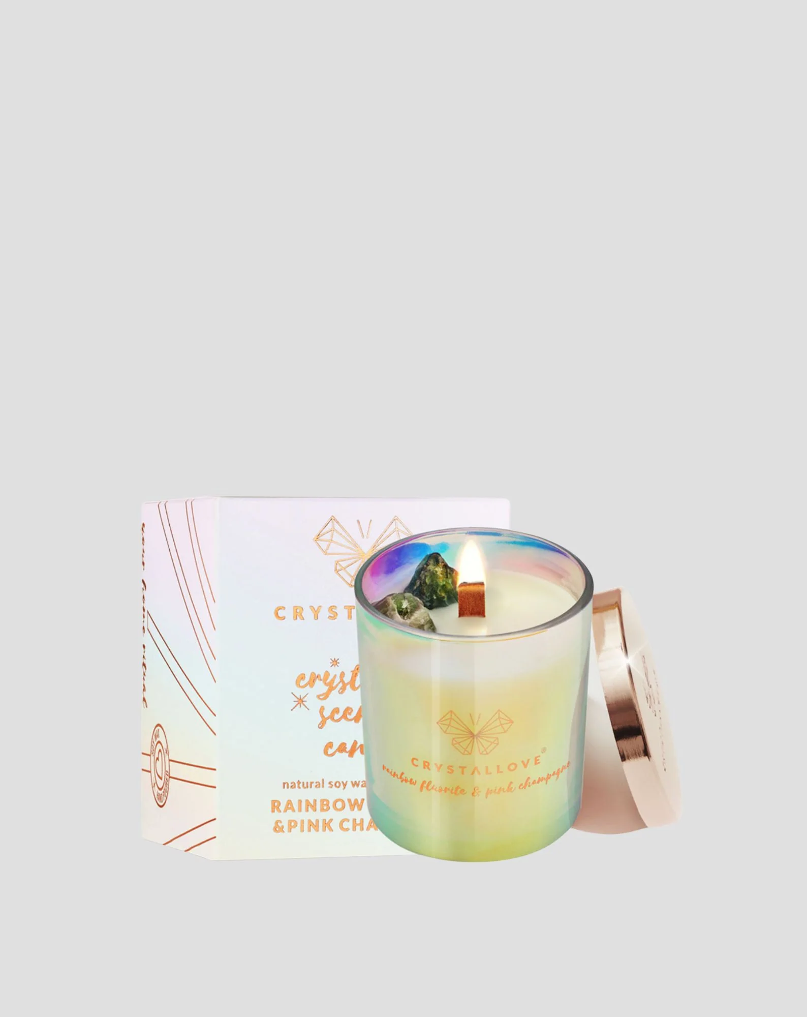 Świeca sojowa z fluorytem tęczowym i różowym szampanem w szklanym pojemniku Crystallove - Image 3