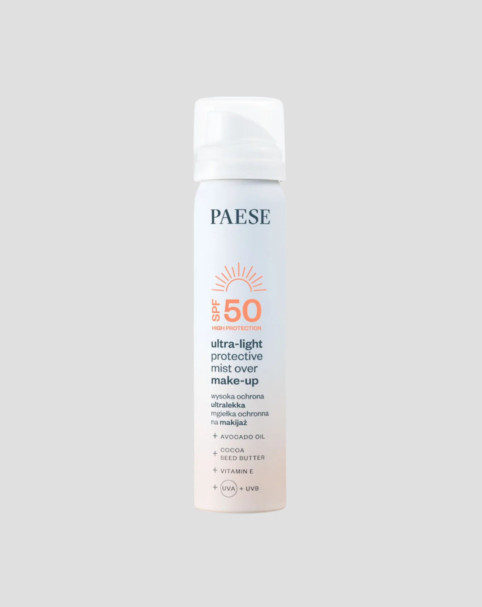 Ultralekka mgiełka ochronna na makijaż z filtrem przeciwsłonecznym SPF50 Paese