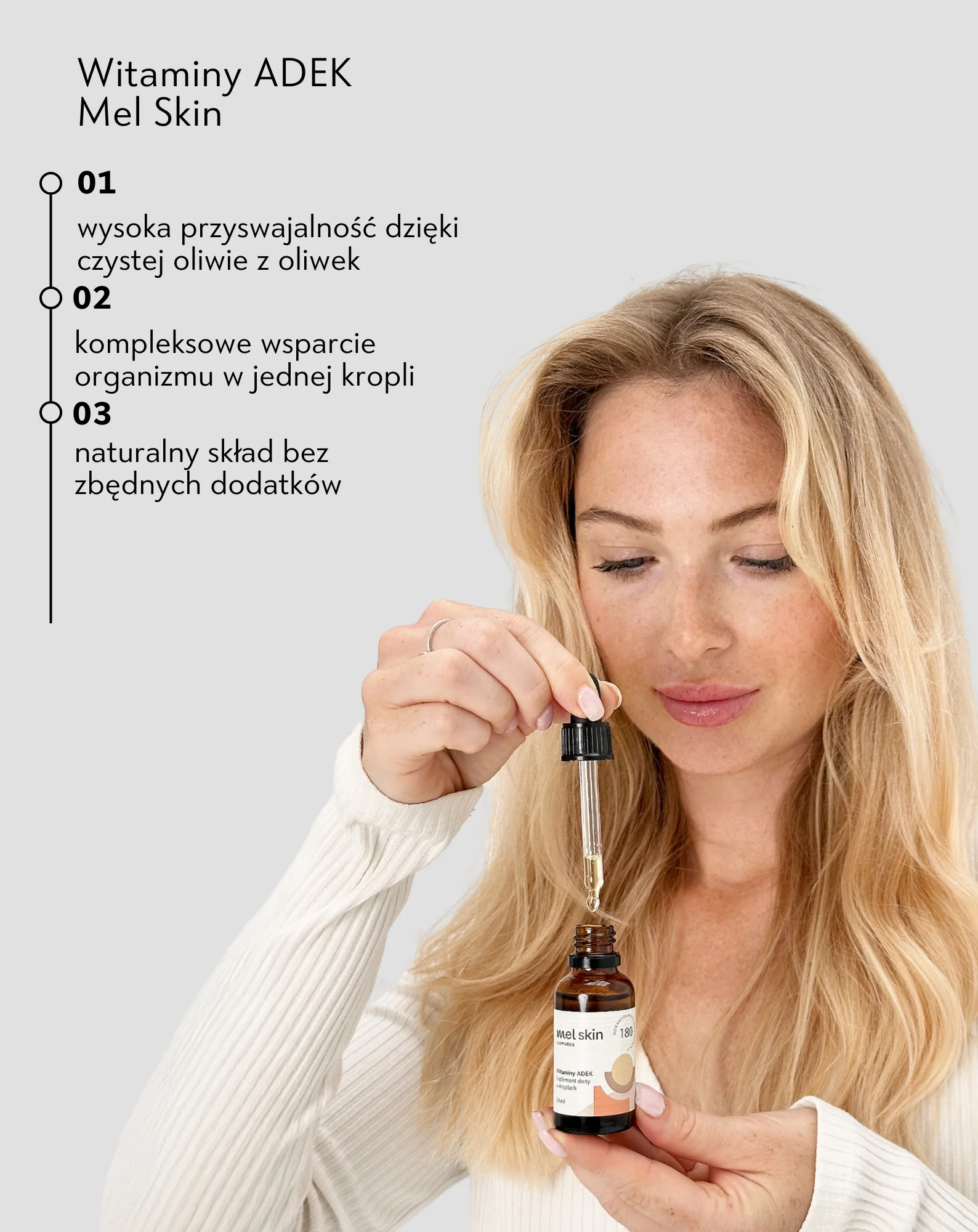 Witaminy ADEK w kroplach na odporność, metabolizm żelaza i dobrą kondycję skóry i błon śluzowych Mel Skin - Image 3